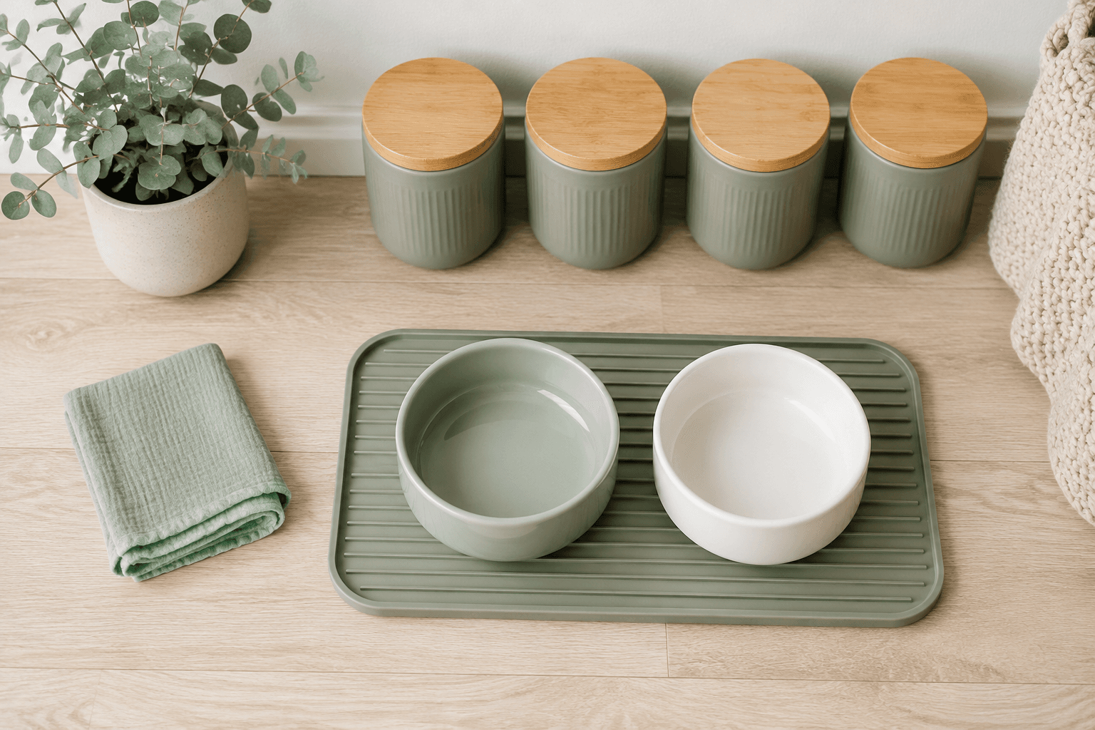 Overhead view of a tidy pet mealtime station with ceramic bowls on a washable mat and storage jars
